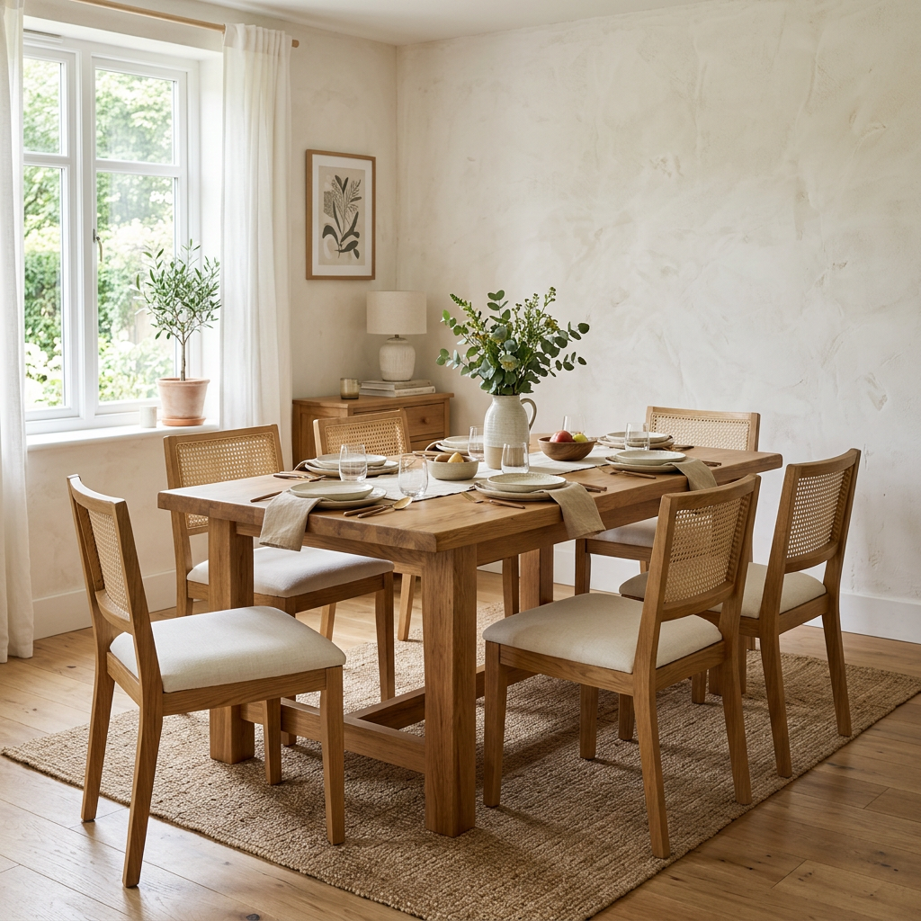 Oak dining table with woven chairs