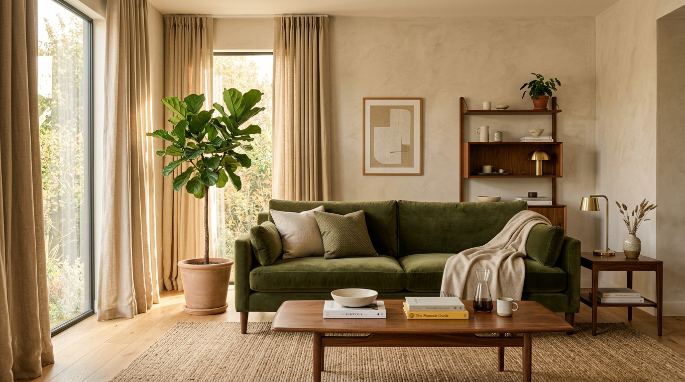 Living room with an olive velvet sofa and walnut coffee table