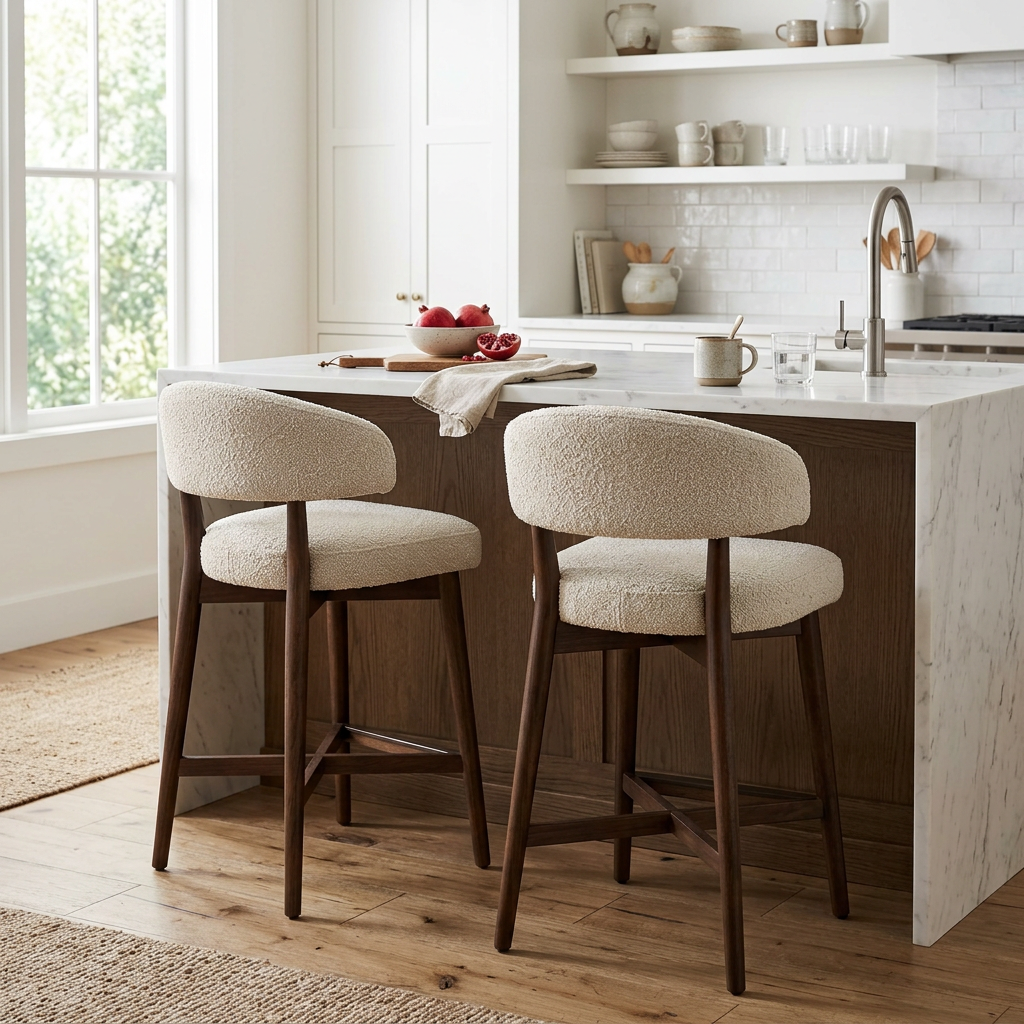 Boucle counter stools at a kitchen island